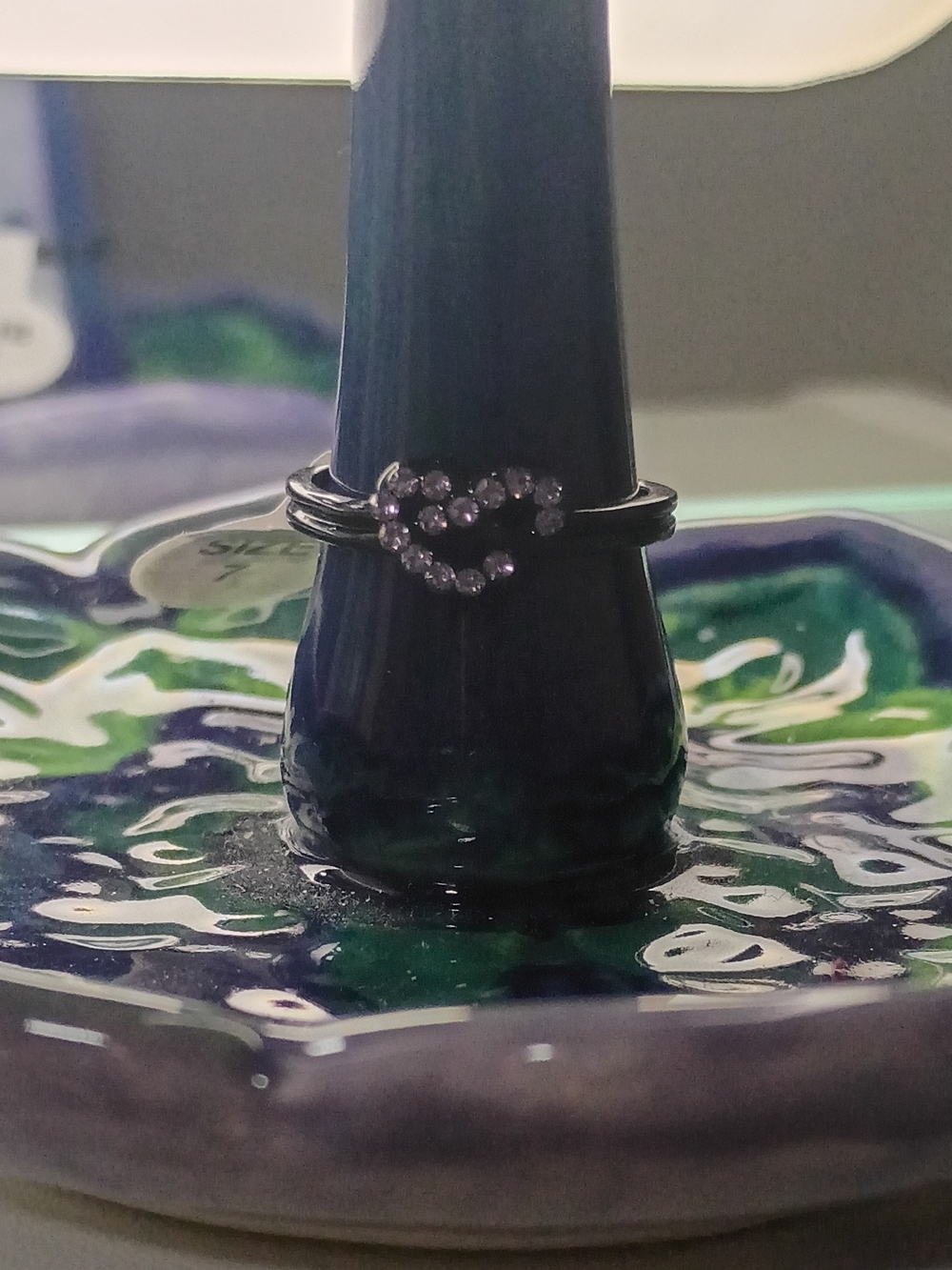 Delicate Black Ring with Purple Crystal Heart Accent